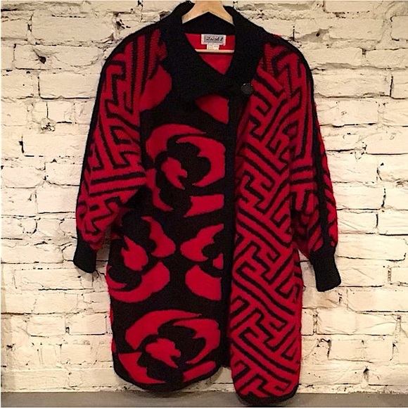 Vintage Wool / Mohair Red & Black Italian Designer Sweater Coat by “RAMY” - Picture 1 of 9